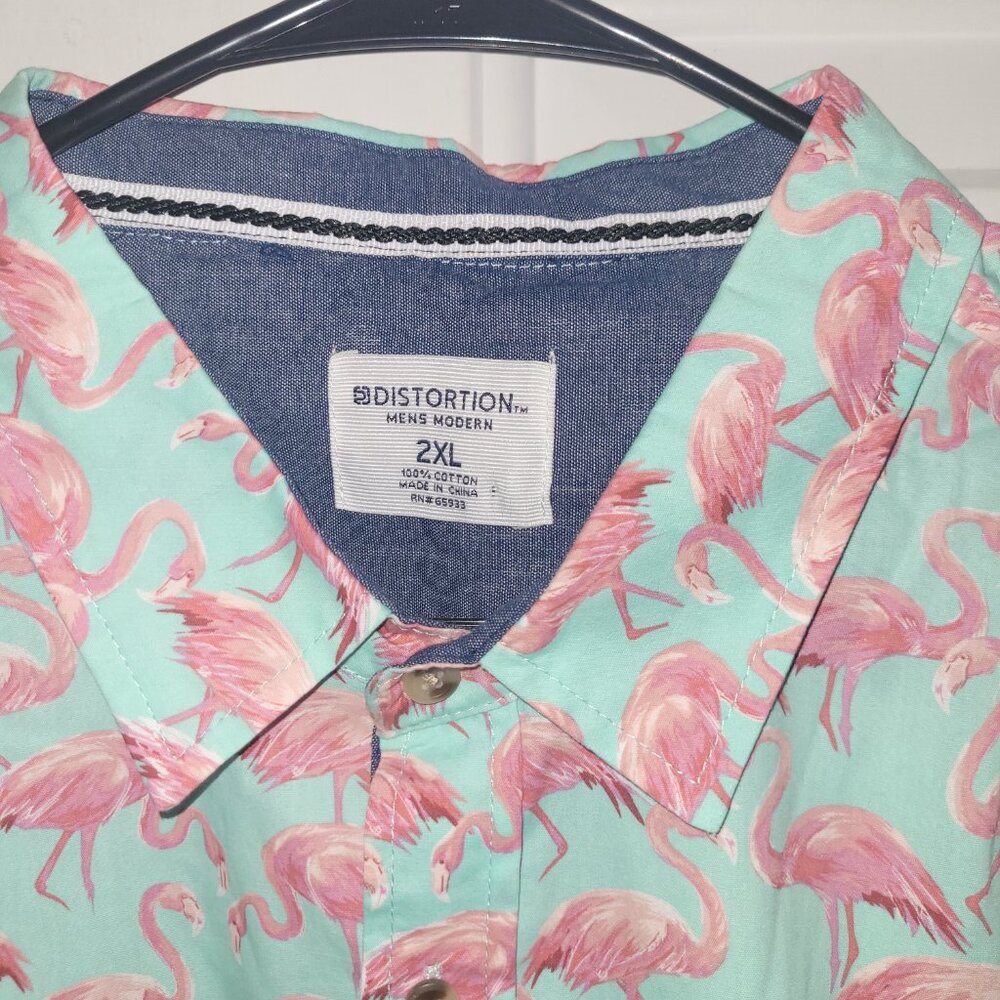 Distortion Men's Shirt with Flamingos 2XL * Button-Down Short Sleeve Shirt - Picture 2 of 2